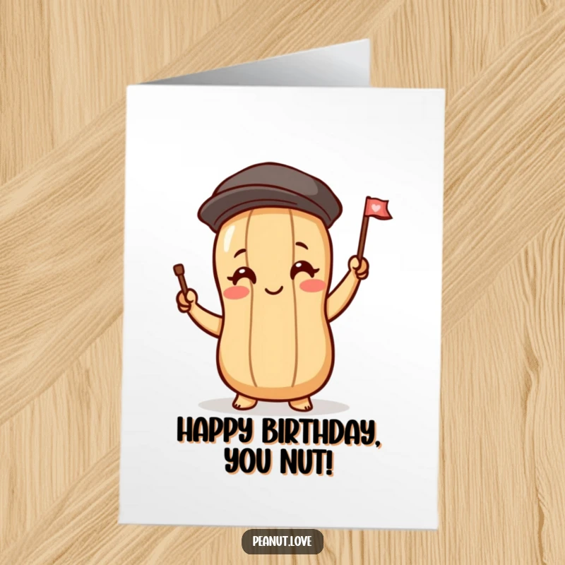 Funny Free Printable Birthday Card featuring a shy peanut character with blushing cheeks waving a tiny flag, sweet DIY gift.