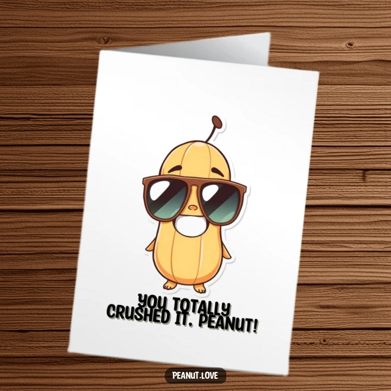 Free Printable Congratulations Card: A grinning peanut character wearing cool oversized sunglasses celebrates an achievement, radiating confidence.