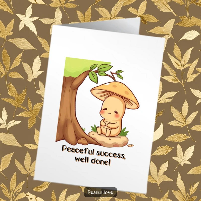 Funny Free Printable Congratulations Card: Contented peanut enjoying a quiet moment under a mushroom, a serene downloadable gift.