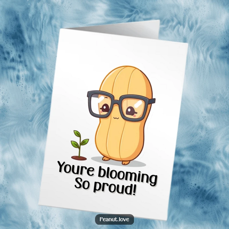 Funny Free Printable Congratulations Card showing a peanut with glasses admiring a tiny plant sprout, a humorous celebration of growth.