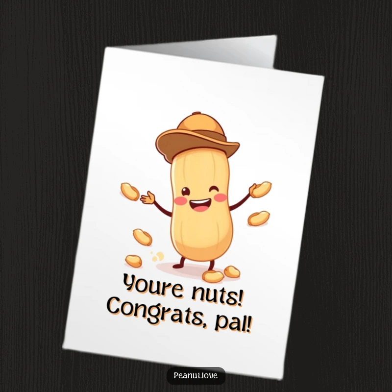 Funny Free Printable Congratulations Card: Tiny Peanut Juggling Peanuts with a Grin, Celebrating Achievements with High Energy.