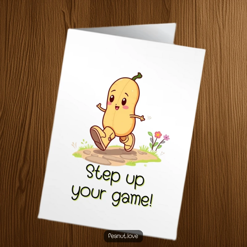 Funny Free Printable Congratulations Card: Peanut in Oversized Boots Skipping Joyfully Down a Path