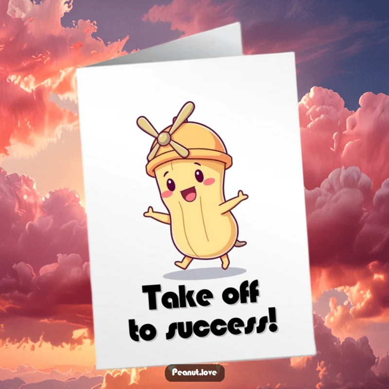 Funny Free Printable Congrats Card: A peanut character with a propeller hat humorously attempts flight, representing ambitious goals.