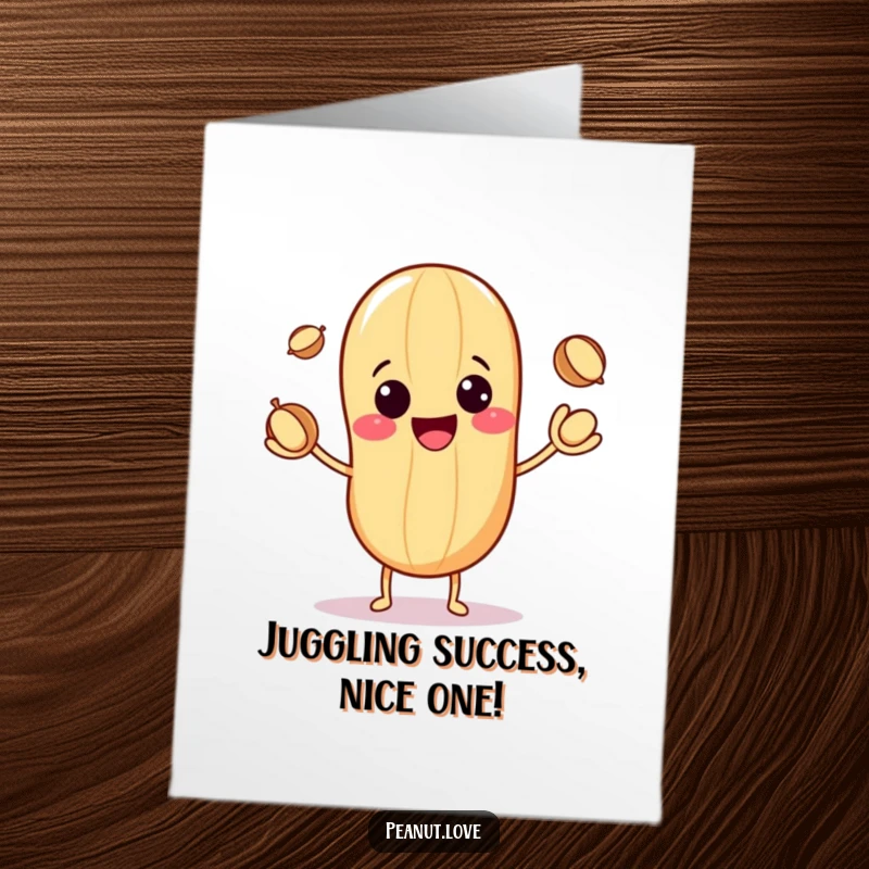 Free Printable Congratulations Card: Adorable kawaii peanut with a beaming smile skillfully juggling three tiny nuts.