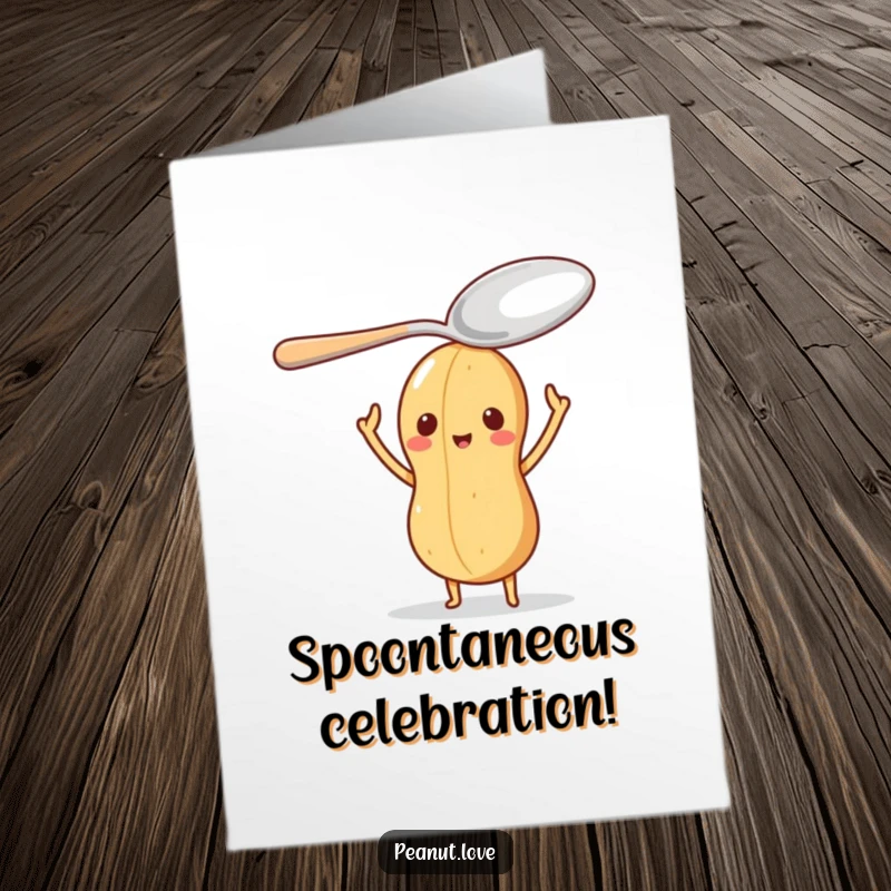 Funny Free Printable Congrats Card: A peanut character humorously balances an oversized spoon on its head, symbolizing a tricky feat.