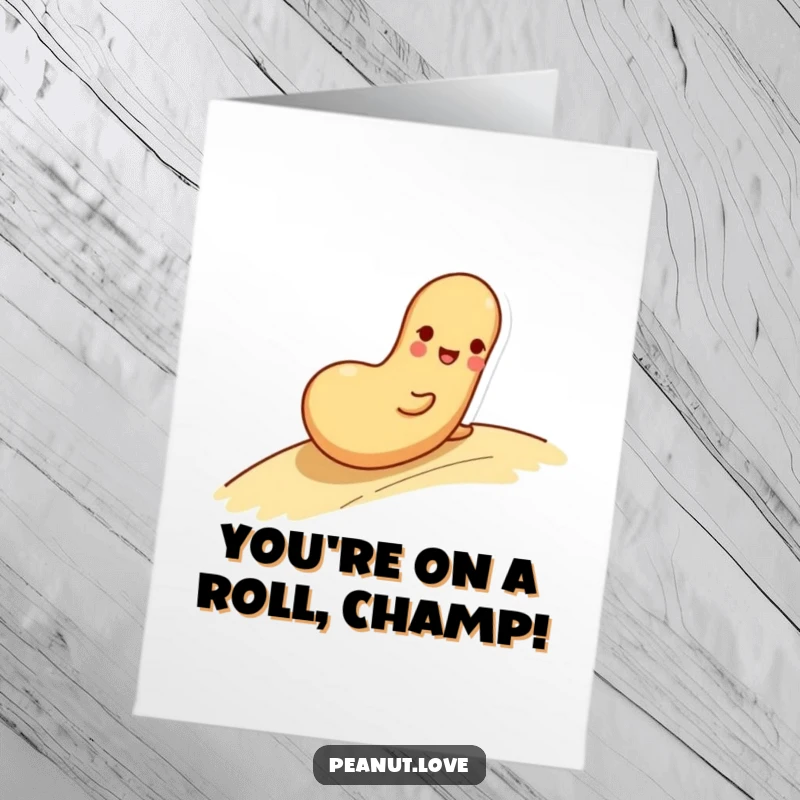 Funny Free Printable Congratulations Card: Happy peanut character rolling down a slope, celebrating a milestone with pure delight.