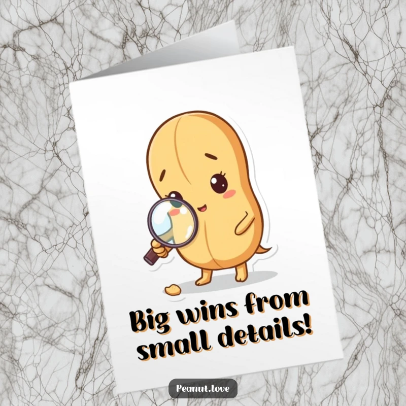 Funny Free Printable Congrats Card: Peanut with a magnifying glass closely studying a minuscule crumb.