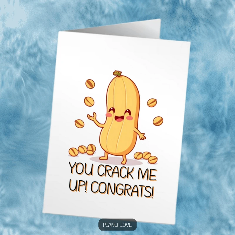 Funny Free Printable Congratulations Card: An anthropomorphic peanut comically juggling tiny nuts, celebrating a successful outcome.