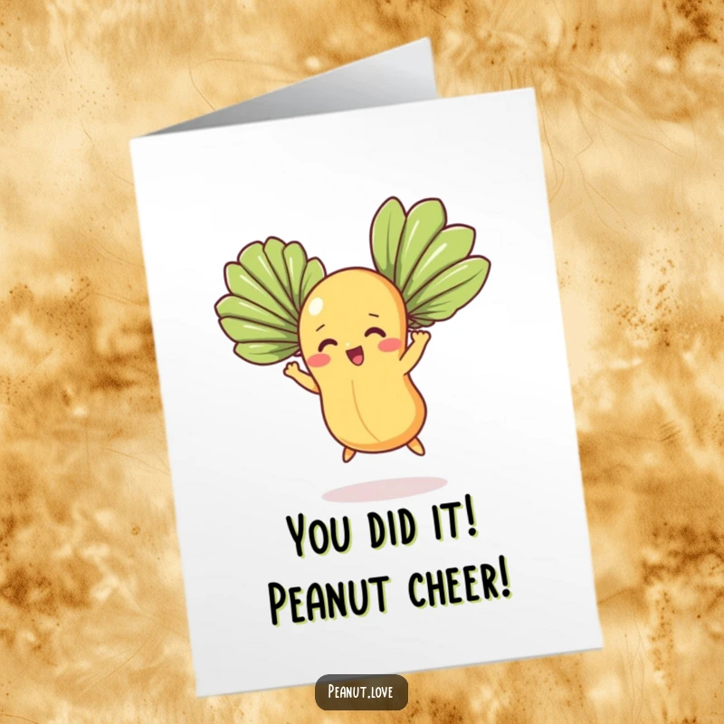 Funny Free Printable Congrats Card showing a determined peanut character trying to fly with fan leaves celebrating success, downloadable gift.