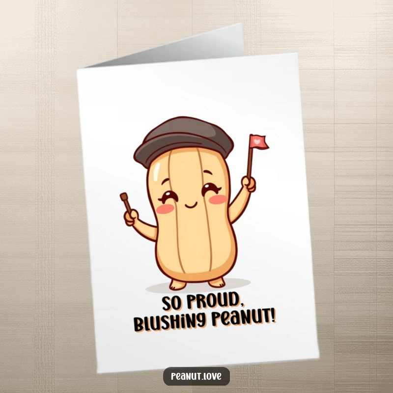 Funny Free Printable Congrats Card: A peanut character with blushing cheeks waves a tiny flag in celebration, adorable DIY gift.