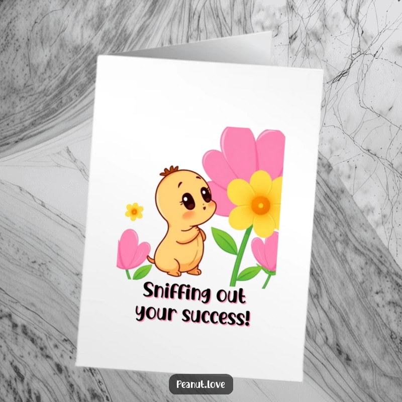 Funny Free Printable Congratulations Card featuring a curious peanut character intently sniffing a brightly colored flower.