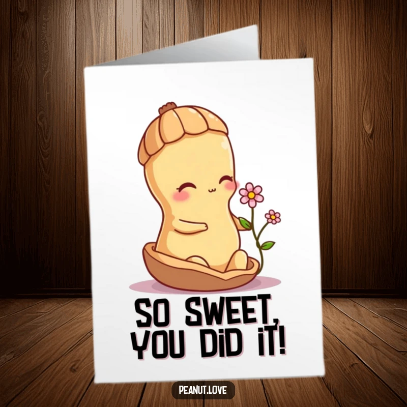 Free Printable Congratulations Card: A shy peanut character hesitantly offers a small flower from its protective shell, symbolizing congratulations.