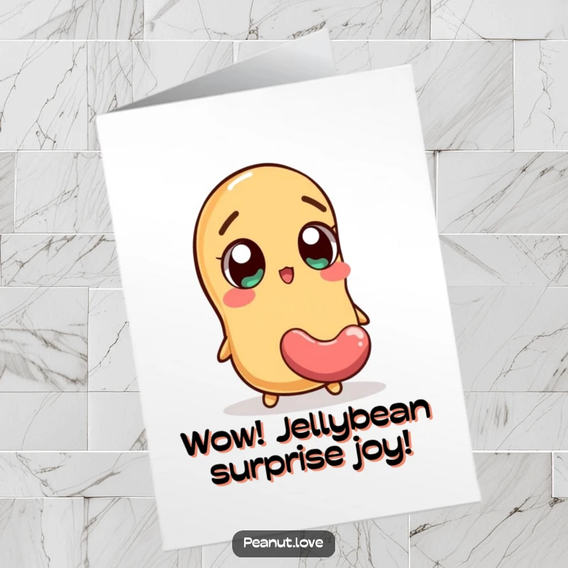 Funny Free Printable Congrats Card: A peanut character with wide eyes reacts to a falling jellybean, celebrating surprise success, DIY art.