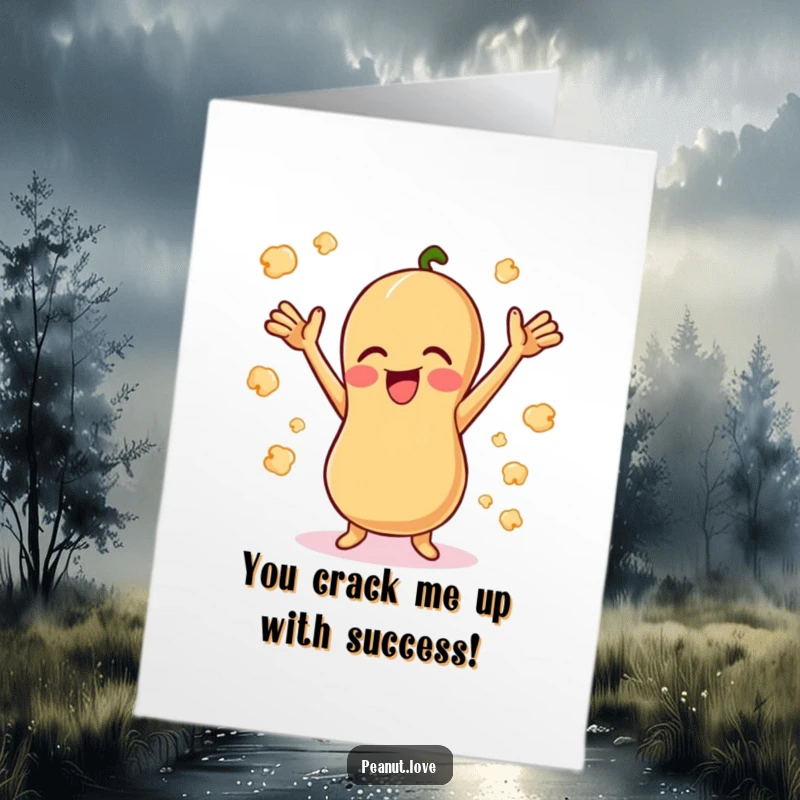 Funny Free Printable Congrats Card: Giggling peanut joyfully celebrating with a shower of popcorn.