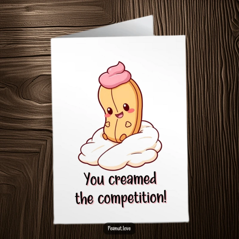 Funny Free Printable Congrats Card: Peanut with a grin happily sliding down a slope of whipped cream.