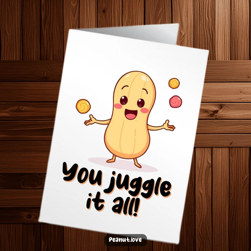 Funny free printable congratulations card showing a cheerful peanut character juggling candy, symbolizing a sweet victory.
