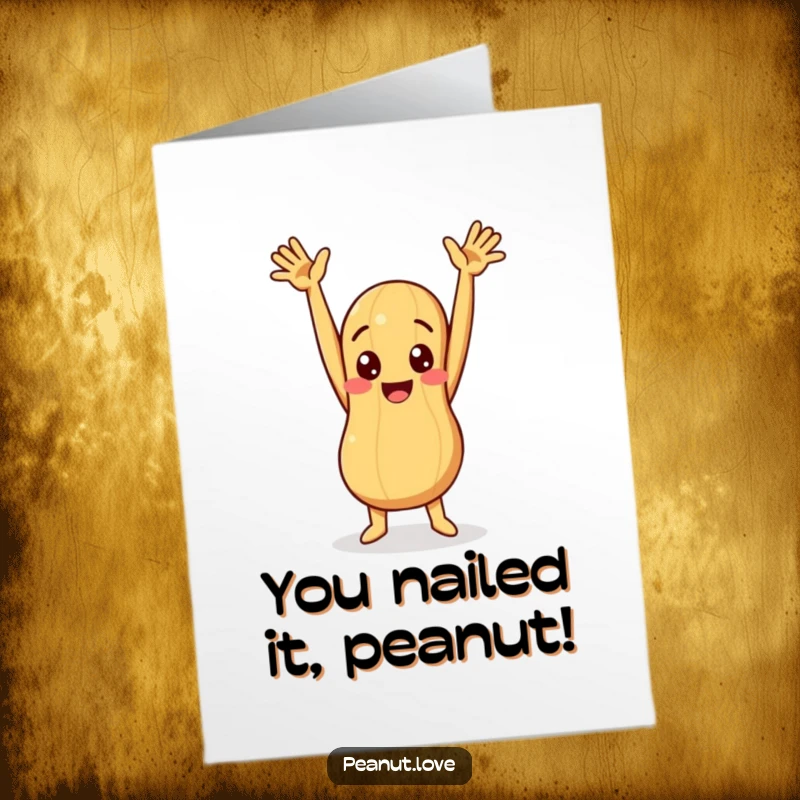 Funny Free Printable Congrats Card: A peanut character striking an overjoyed pose with arms high in celebration.