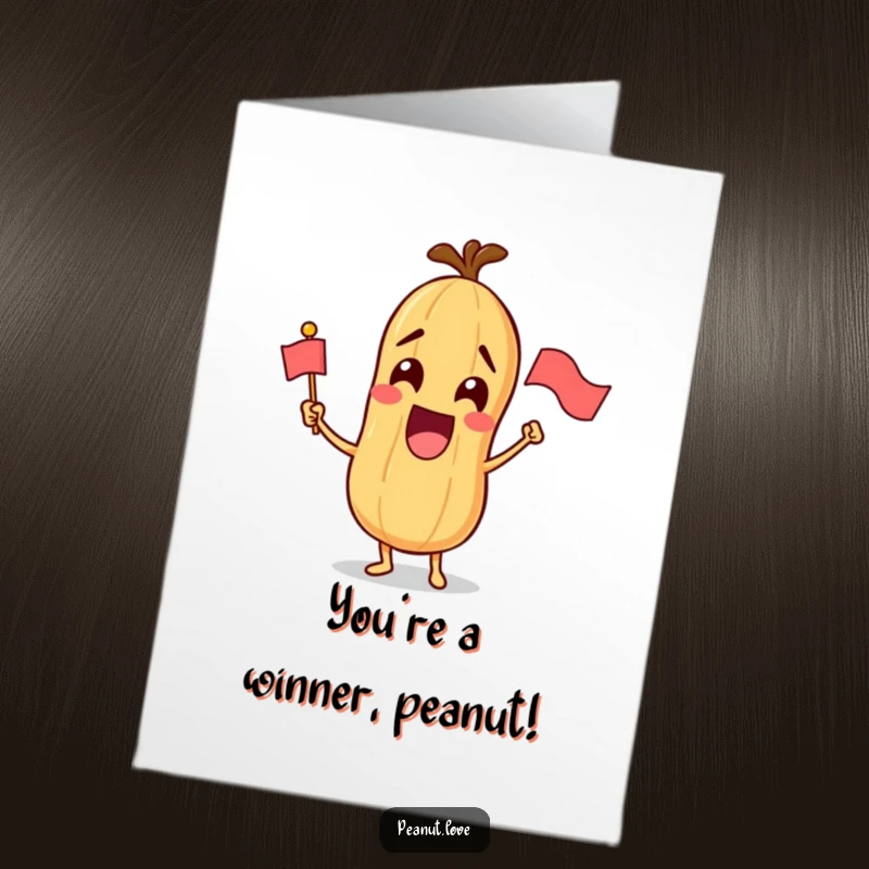 Funny Free Printable Congratulations Card: Excited peanut character enthusiastically waving a small flag, a fun downloadable gift.