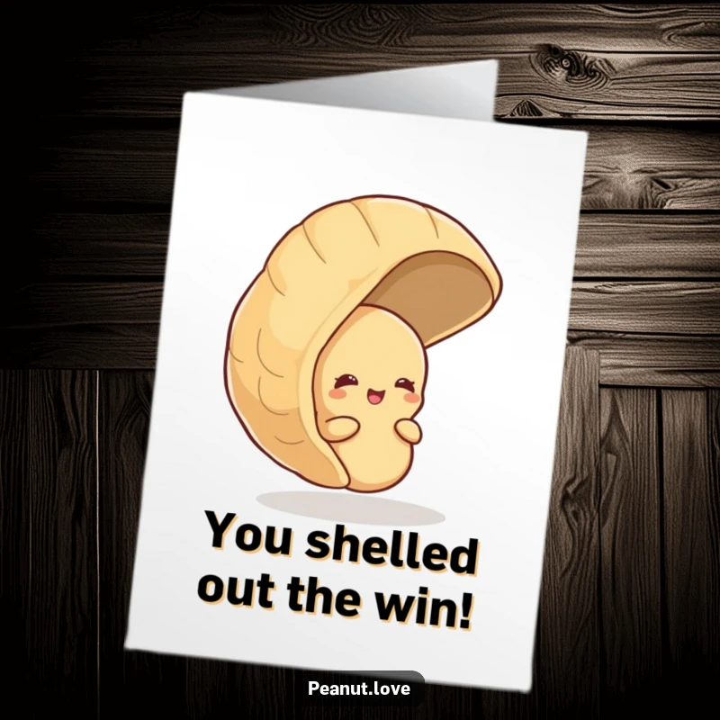 Funny Free Printable Congratulations Card: Shy Peanut Peeking from Giant Shell, Giggling with Happiness for Their Success.