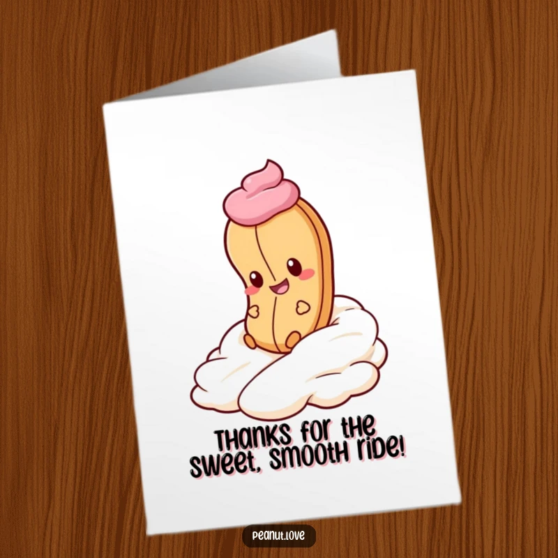 Funny Free Printable Thank You Card: Peanut with a mischievous smile enjoying a ride on whipped cream.