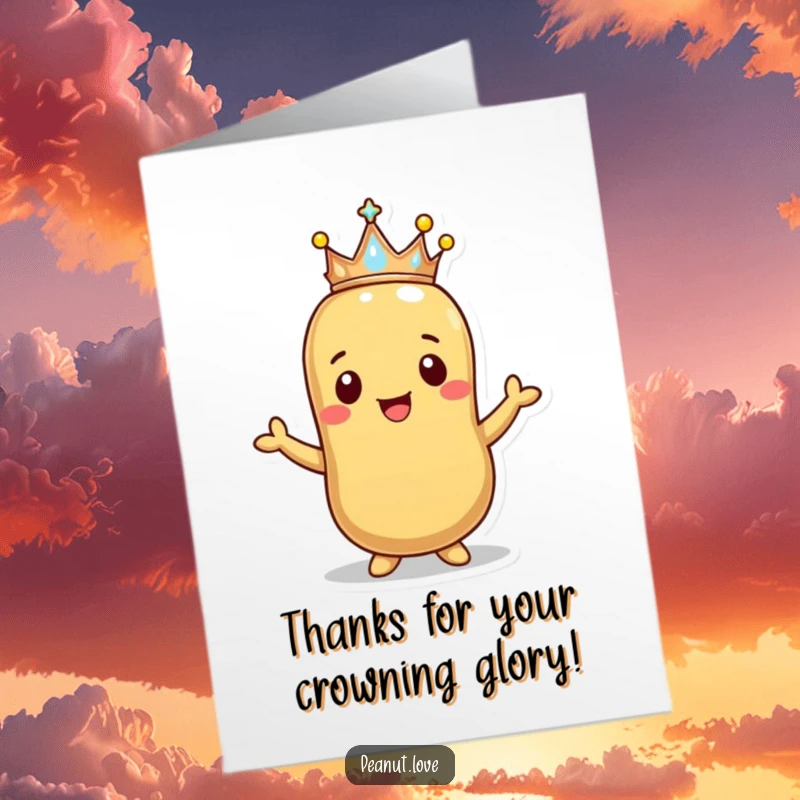Funny Free Printable Thank You Card: Happy peanut presenting a tiny, elegant crown as a thank you.