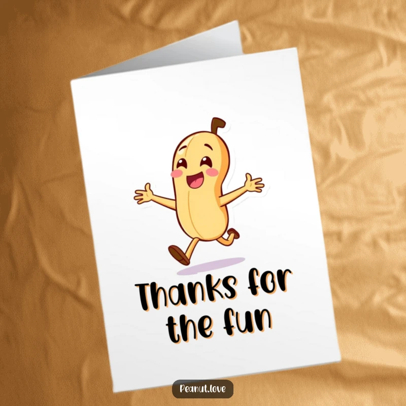 Funny Free Printable Thank You Card: A peanut character dashes with joy, arms wide, a fun and enthusiastic way to express thanks.