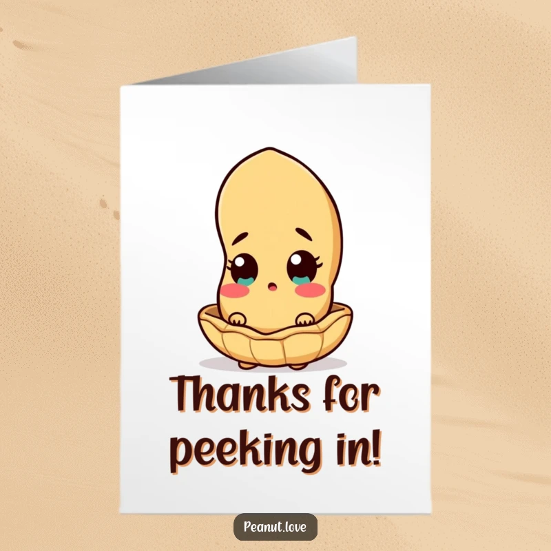 Funny Free Printable surprised peanut character peeking out of its shell, conveying a heartfelt, humorous thank you. Delightful.