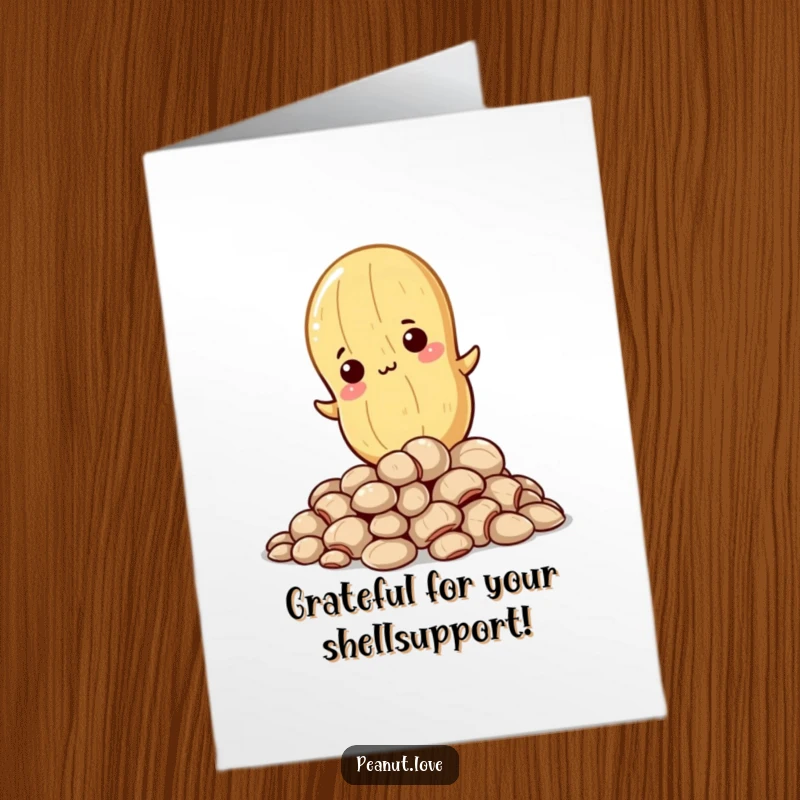 Funny Free Printable Thank You Card: A determined Kawaii peanut character climbing a pile of shells, expressing thanks.
