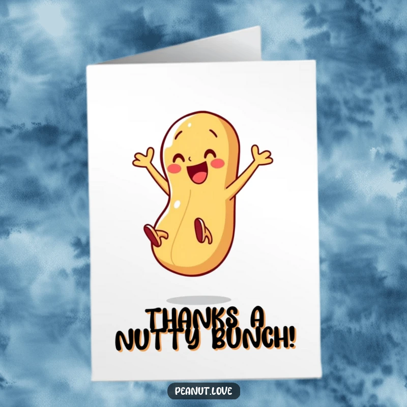 Funny Free Printable Thank You Card: A joyful peanut character energetically kicks its legs, expressing immense gratitude.