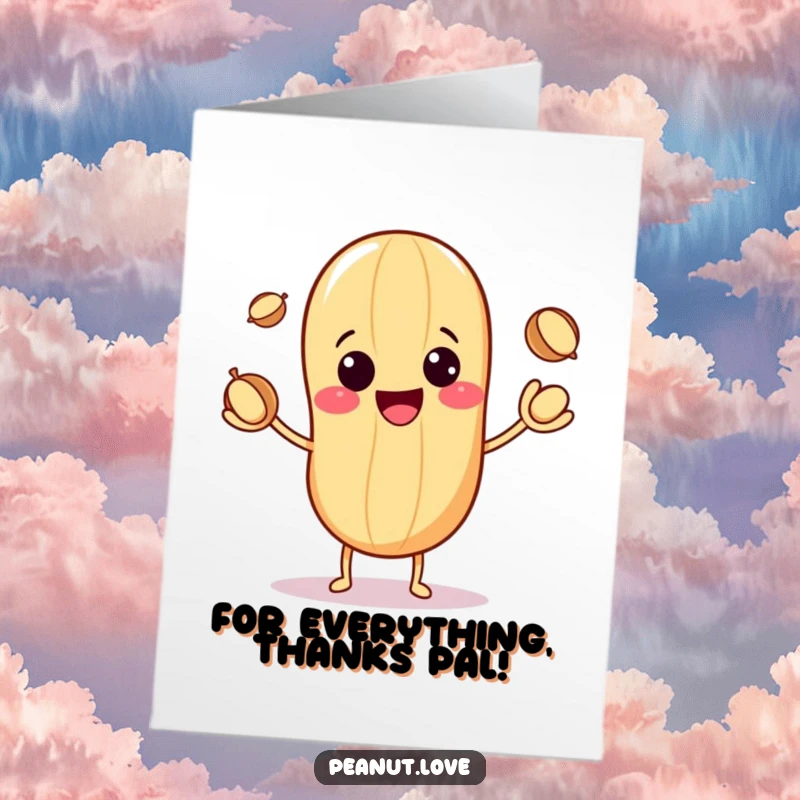 Funny Free Printable Thank You Card: A cute kawaii peanut with a happy grin juggling three little nuts effortlessly.