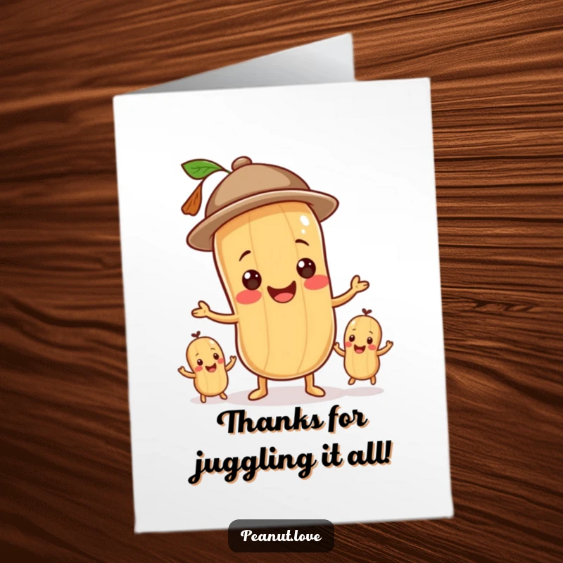 Funny Free Printable Thank You Card: Peanut in a hat juggling peanuts, smiling, expressing thanks with flair.
