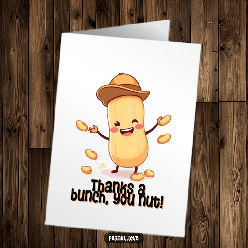 Funny Free Printable Thank You Card: Energetic Peanut Juggling, Expressing Gratitude with a Big Smile and Fun.