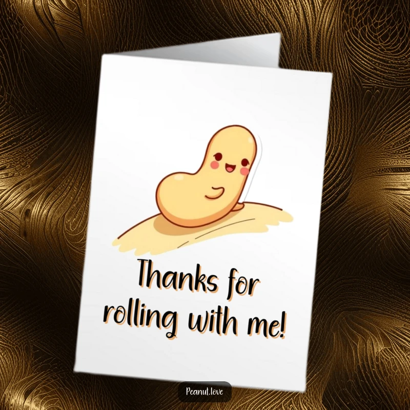Funny Free Printable Thank You Card: Playful peanut character rolling down a slope, smiling happily, expressing thanks.