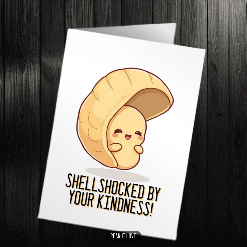 Funny Free Printable Thank You Card: Shy Peanut Peeking Out, Giggling While Expressing Gratitude from Behind a Large Shell.