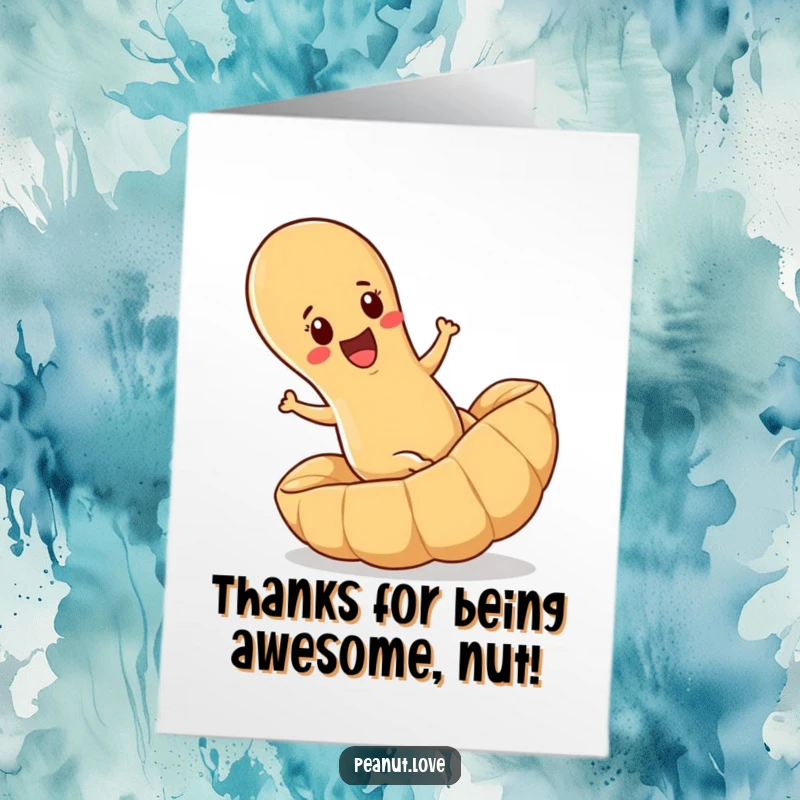 Funny Free Printable Thank You Card: A determined peanut rolls downhill in its shell, conveying thanks with humor.