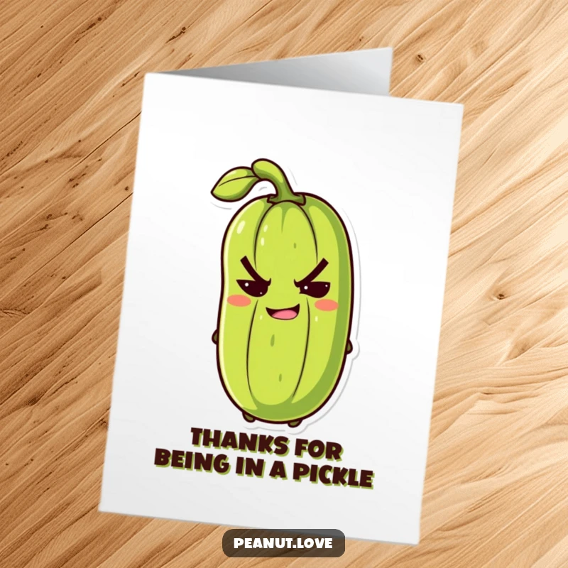 Funny Free Printable Thank You Card: A mischievous pickle character winks slyly, offering a humorous thank you.
