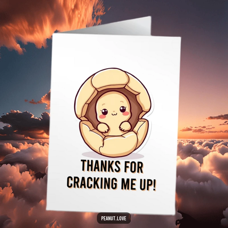 Funny Free Printable Thank You Card: Adorable Kawaii peanut peeking out of a cracked shell, offering thanks with a smile.