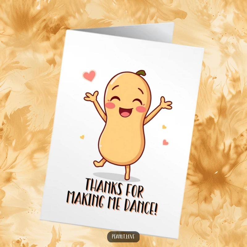 Funny Free Printable Thank You Card with a jubilant peanut character doing a happy, energetic dance of gratitude.