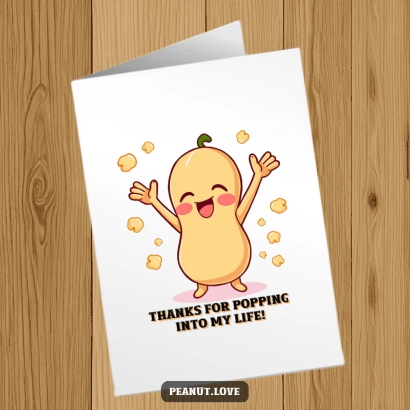 Funny Free Printable Thank You Card: Giggling peanut overjoyed amidst a flurry of popcorn kernels.