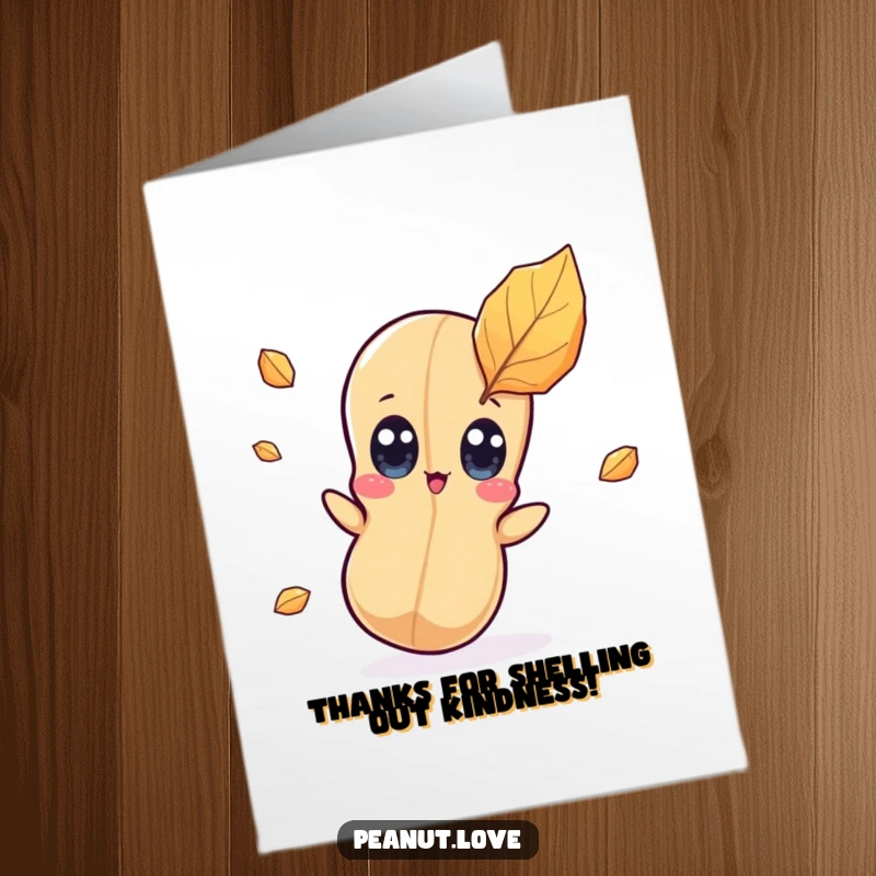 Funny Free Printable Thank You Card: Kawaii peanut character with wide eyes, startled by a falling leaf, a humorous way to say thanks.