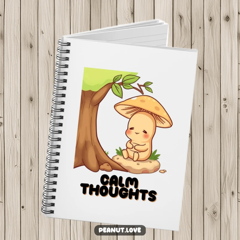 Funny notebook cover with a content peanut character sitting peacefully under a mushroom, encouraging mindful writing.