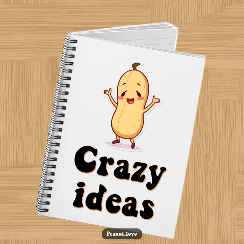Funny notebook cover with a cute peanut character performing a silly dance, encouraging creative expression.