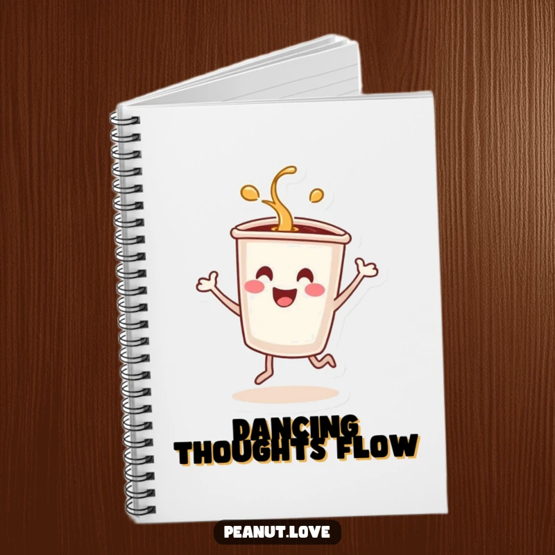 Funny notebook featuring a smiling coffee cup character dancing energetically and spilling.