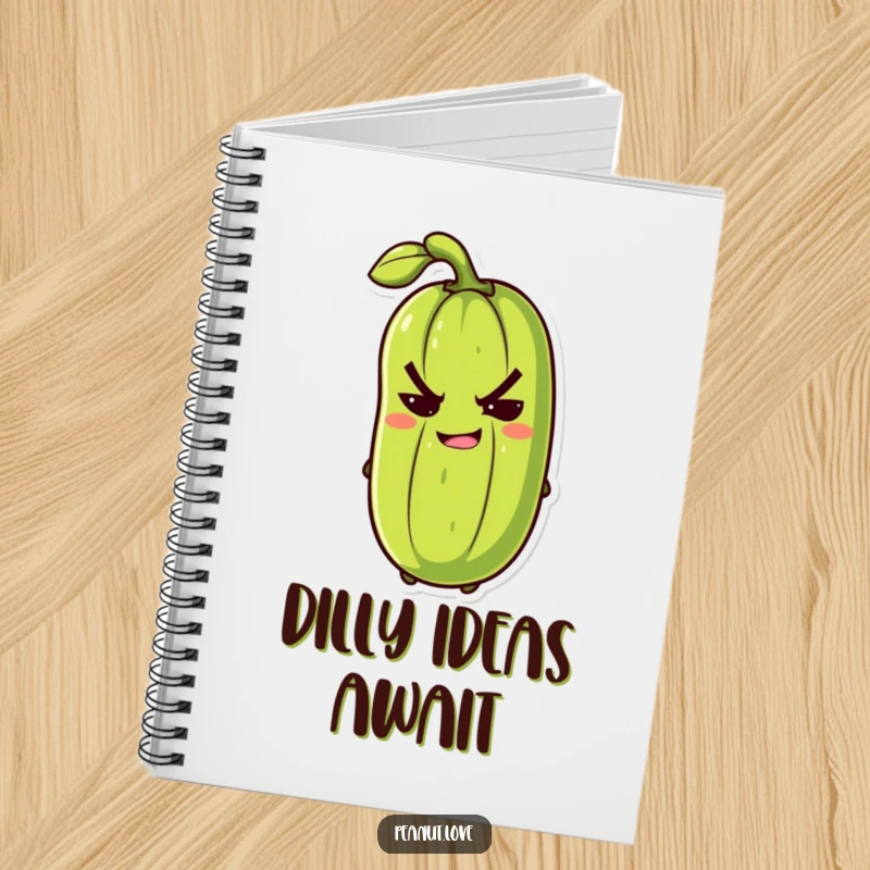 Funny anthropomorphic pickle with a mischievous grin slyly winking on a humorous notebook, ideal for writing.