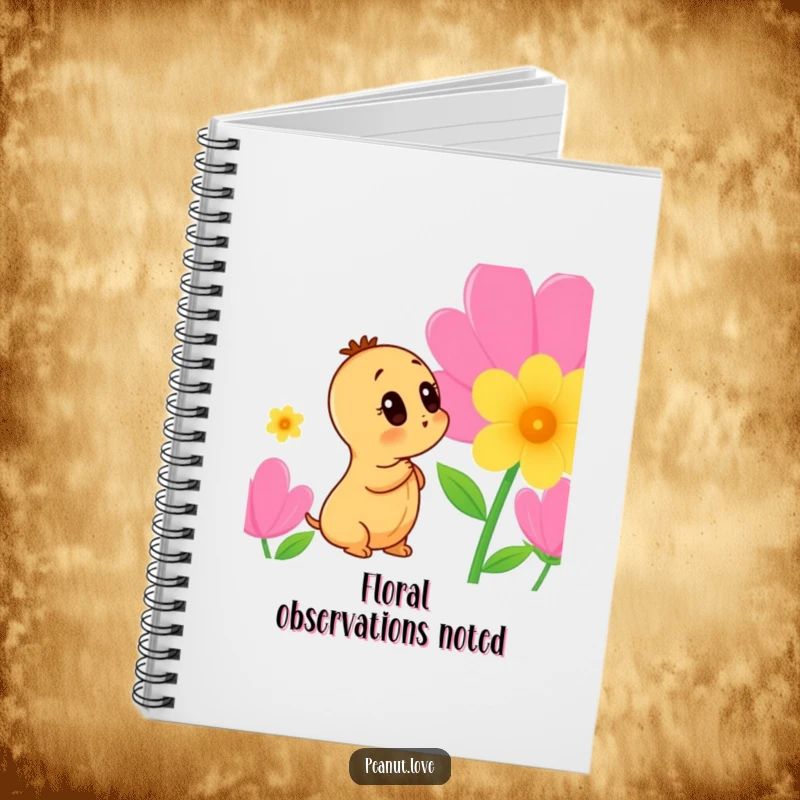 Funny Peanut Notebook: Features a curious peanut character sniffing a colorful flower on the cover, ready for your notes.