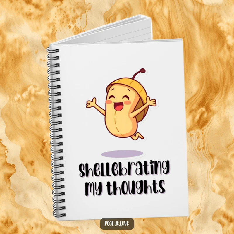 Funny joyful peanut character notebook cover, illustrated joyfully jumping inside a happy, cheerful shell.