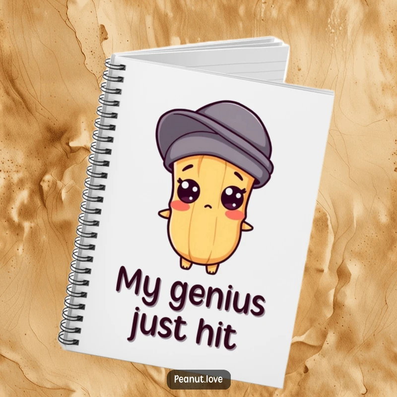 Funny notebook featuring a Kawaii peanut character with popping eyes, symbolizing surprise and incoming ideas.