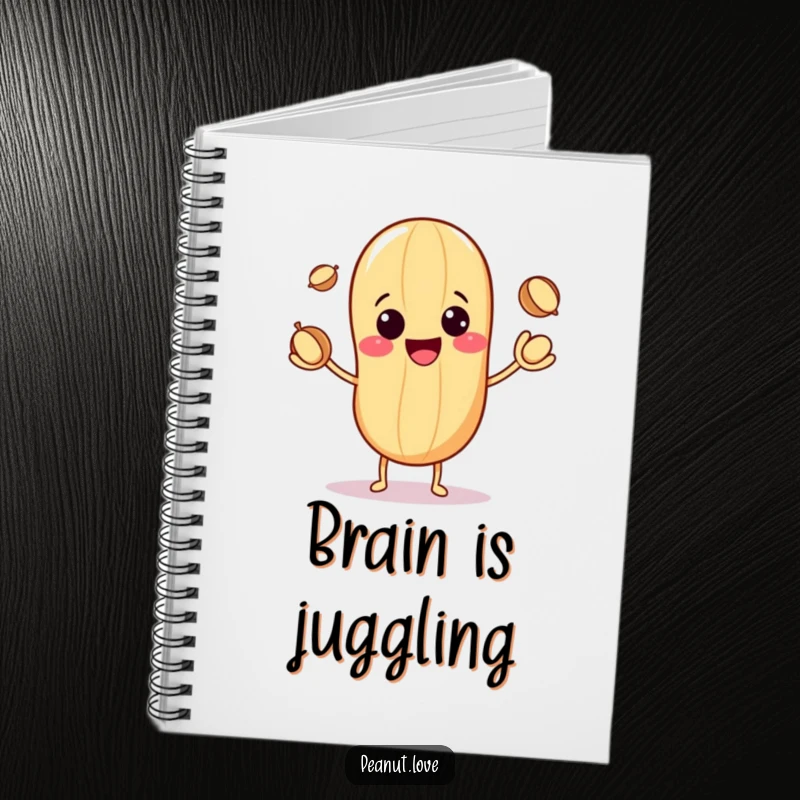 Funny notebook with a cute kawaii peanut character grinning widely while juggling three tiny nuts, perfect for note-taking.