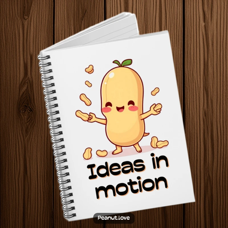 Funny notebook featuring a Kawaii peanut character juggling, designed for capturing thoughts and inspiring creativity.