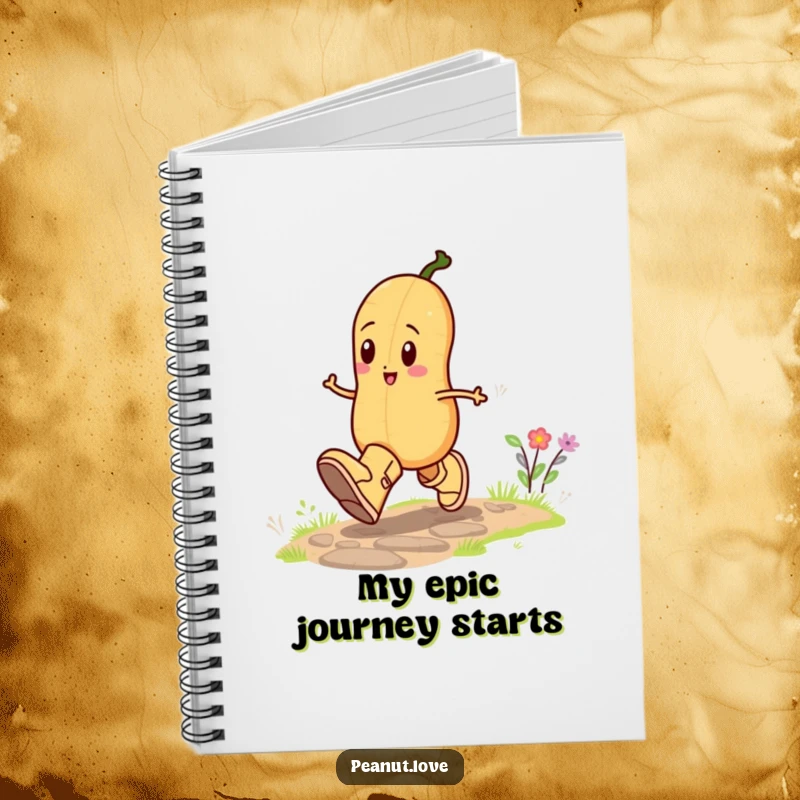 Funny notebook featuring a happy peanut character skipping with joy in oversized boots, perfect for jotting down notes with a whimsical and fun attitude.